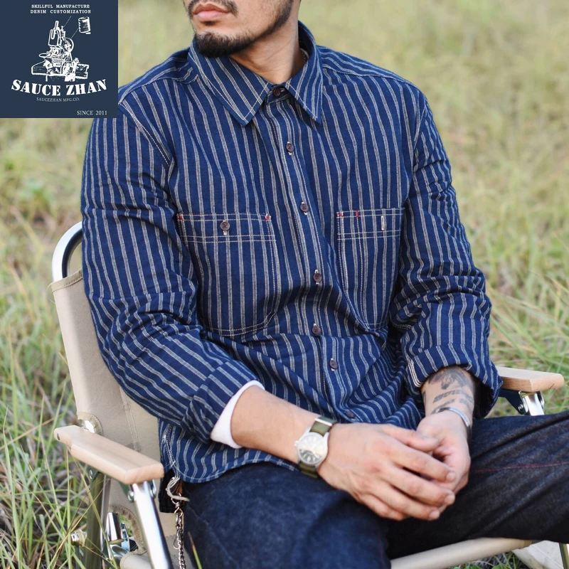 

SauceZhan CY008 Selvedge Jeans Shirt Selvedge Denim Shirt Vintage Shirt Men Stripe Shirt Winter Shirts Men Long Sleeve Shirt