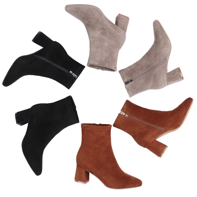 

2019 Winter Woman Boots Square High Heels 6cm Pointed Toe Solid Flock Zipper Martin Boots Women Rubber Western Motorcycle Boots