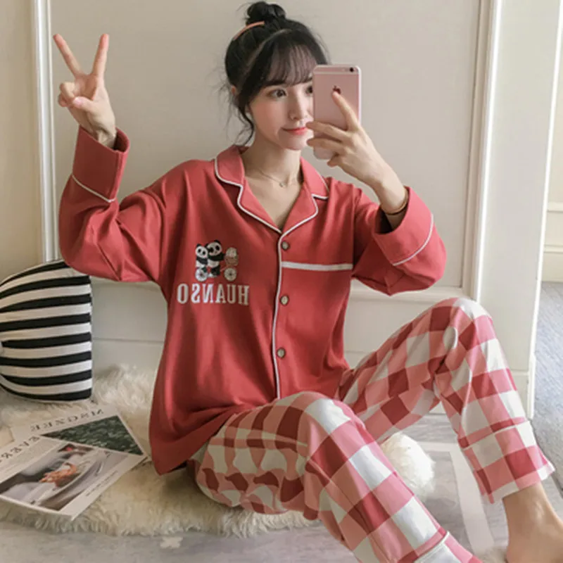 

Free shippingPajama girl spring autumn panda lovely cotton student long sleeve two piece suit large size fat mm home clothes