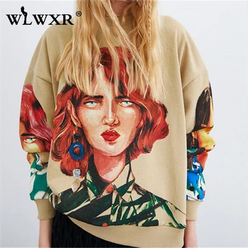 

WLWXR Autumn Casual Character Cartoon Print Oversized Hoodie Kpop Long Sleeve Loose Sweatshirt Women Top Knitted Pullover Female