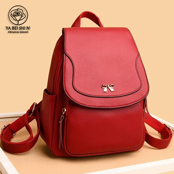

2020 Multifunction Women Backpack Female Soft Leather Casual Red Shoulder Bag High Quality School Bags for Girls Backpack Sac