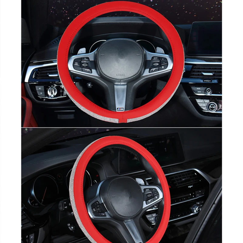 red sliver diamond Роскошные кристаллы алмаза крышка рулевого колеса автомобиля с украшение из искусственной кожи Bling Rhinestone покрытые крышки рулевого колеса - Название цвета: red sliver diamond