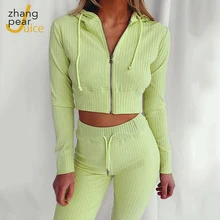 Women Knitted Two Piece Pants Sets Tracksuit Zipper Hooded Long Sleeve Crop Top Solid Bodycon Long Pants Female Casual Suit Set