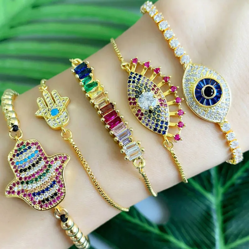 

Charm Multicolor CZ Rainbow Gold Bracelet for women Adjustable chain Heart Crown Devil Eye wedding Jewelry pulseras mujer