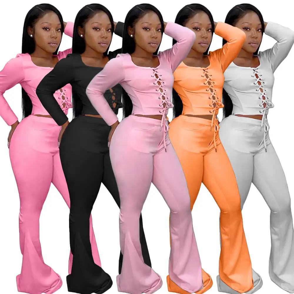 

Tracksuit Fall New Sexy Two Pieces Set Women Long Sleeve Bandage Crop Tops and High Waist Flare Pants Suits Club Party Outfits