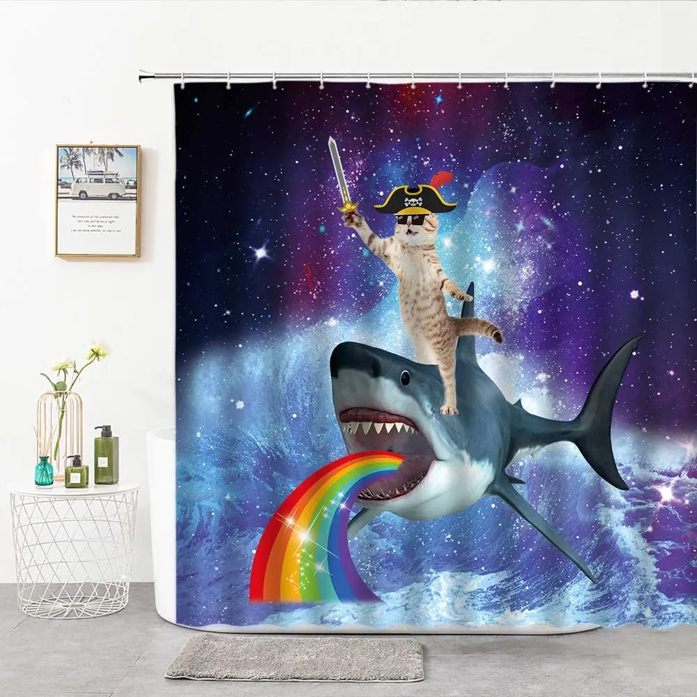Details about   Funny Shower Curtain Cool Cat Riding Shark In Universe Galaxy Stall Bath Curtain 