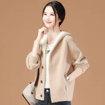 

Autumn Winter Warm Mink Cashmere Cardigan Coat Hooded Single Breasted Loose Comfort Soft Sweaters Outerwear charm Sweater Women