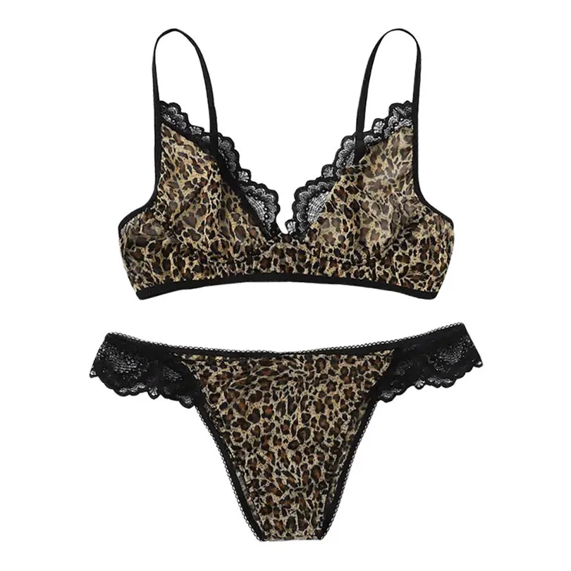 sexy set sexy lingerie micro bikini New Women Sexy Lace Leopard Print Bra With Thong  Sleepwear Lingerie Set S-2XL #3S20 (1)
