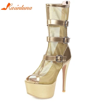 

Karinluna New Design 2020 Peep Toe Gladiator Sandals Woman Shoes Mesh Thin High Heels Platform Zip Up Party Shoes Women Sandals