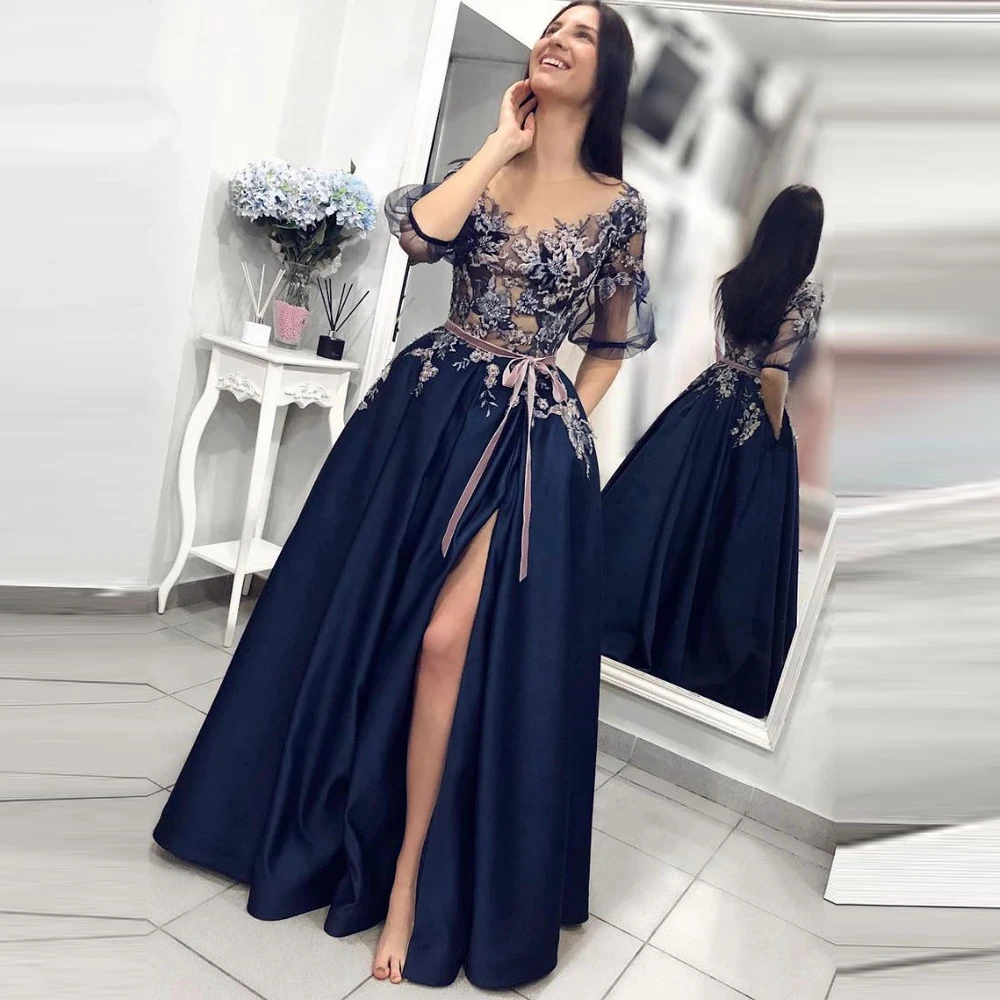 Sexy Half Sleeves Long Prom Dresses 