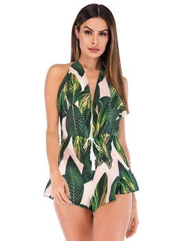 

2019 Women's Spring and Summer New European and American Leaves Printed Tassel Pants Shorts Beach Style Open Back