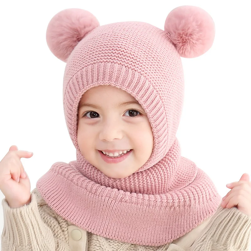 

Baby Winter Hat Children's Knit Double Ball Earmuff Hat Fashion Windproof Plus Velvet Warm Solid Caps Kids Hats Caps for Kids