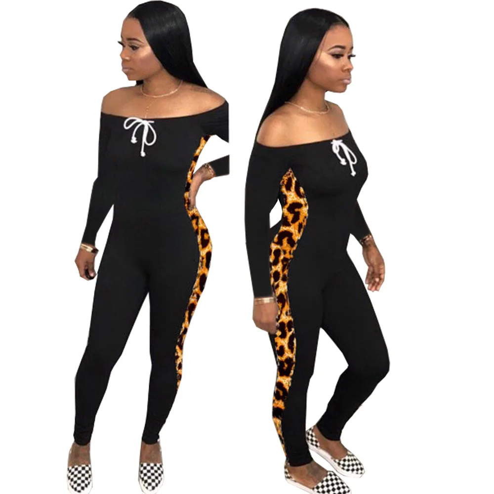 

Echoine Autumn Long Sleeve Skinny Jumpsuit Women Sexy Slash Off-shoudler bodysuit Leopard Print Patchwork overalls Club romper
