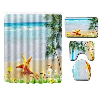 

4Pc Ocean Series Bathroom Rug Shower Curtain Skidproof Toilet Non-Slip Rug Set 6x Hooks