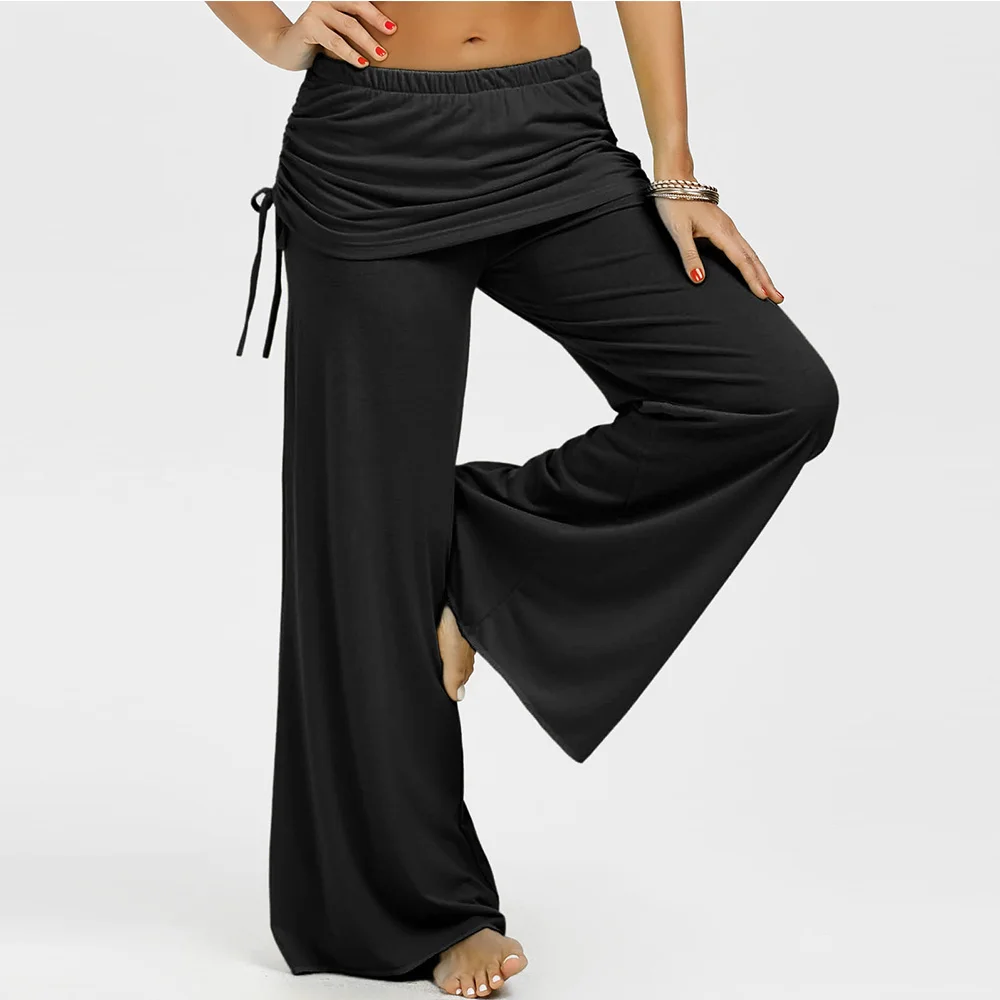 

ROSEGAL Skirted Drawstring Wide Leg Pants Women Bottoms Autumn Causal Fitness Solid Elastic Waist Palazzo Pants Female Trousers