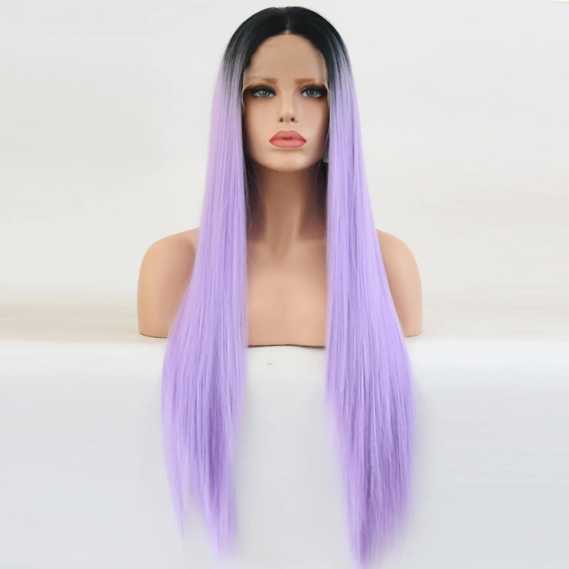 

RONGDUOYI Long HandTied Ombre Purple Silky Straight Cosplay Synthetic Lace Front Wigs for Women Middle Part Glueless Lace Wig