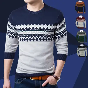 

Men Casual Long Sleeve O Neck Geometric Print Slim Knitwear Bottoming Sweater Lady pattern patchwork pullover sweater