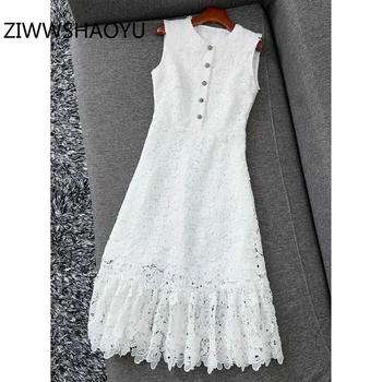 

ZIWWSHAOYU Summer White Sleeveless Vest Dresses Fashion Designer Women Diamonds Button Hollow Out Embroidery Sweet Mini Dress