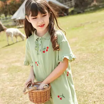 

3-14 Years Girls Cotton Turn-down Collar Button Short Sleeve Cherry Embroidery Dresses Clothes Kids Summer Children Casual Dress