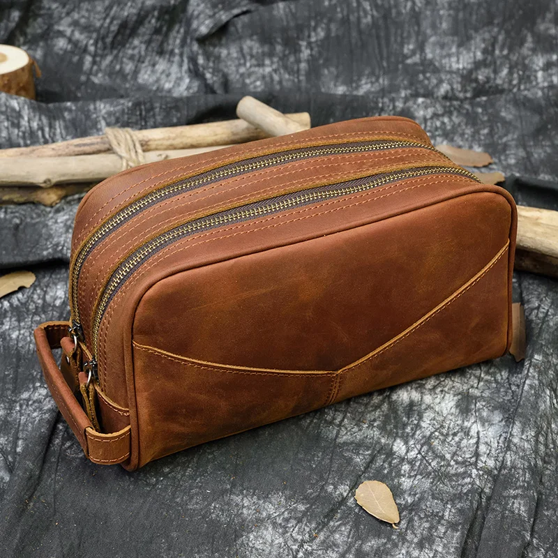 

Fashion Genuine Leather Business Wash Bag Clutch Bag Storage Bag Men Hand Bag Crazy Horse Leather Makeup Bag Men Male Hand Purse