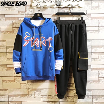 

SingleRoad Mens Tracksuit Men Sets 2020 Blue Hoodie Japanese Streetwear Long Sleeve Sportswear Hip Hop Patchwork 2 Pieces Set