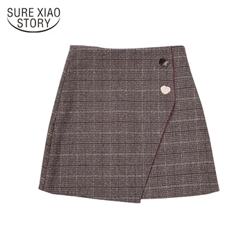 

Basic Clothes Womens Asymmetrical Buttons Zipper Closed Slim Hip Vintage Wool Short Mini Skirt Woolen Plaid Skirt Winter 7637 50