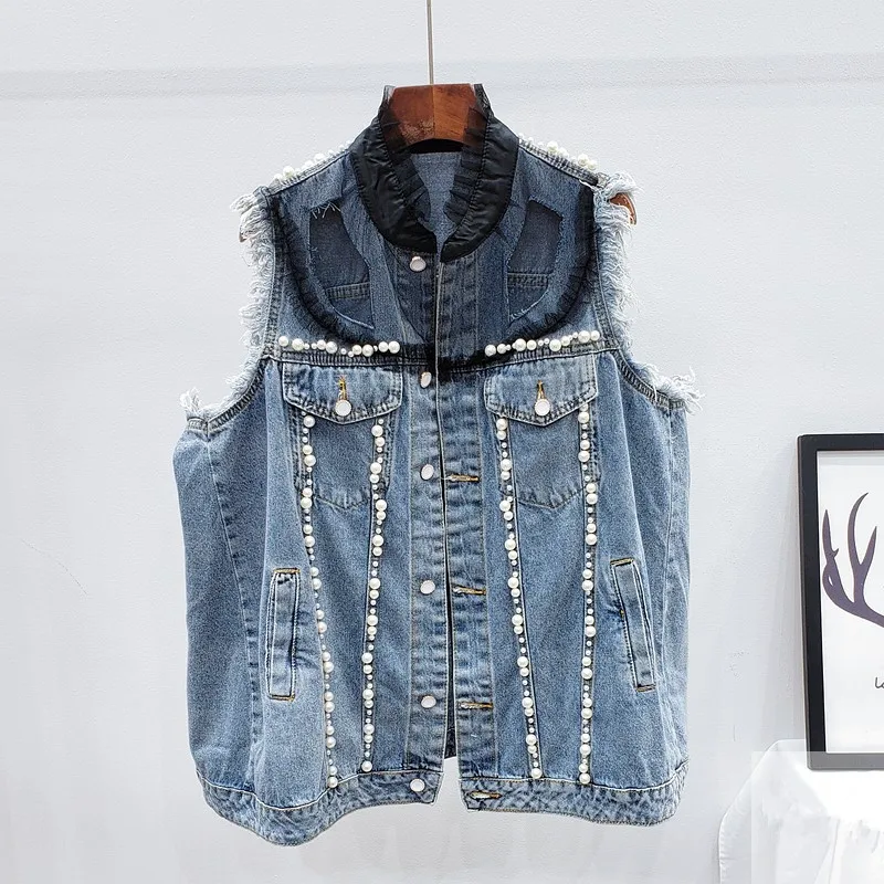

Summer New Fashion Beading Splicing Net yarn Holes Denim Vests Women Sleeveless Jacket Loose Short Jeans Vest Waistcoat Female