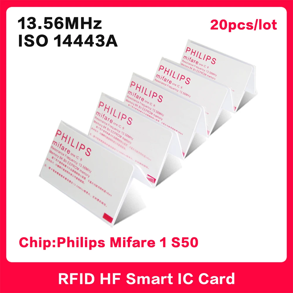 Tarjeta RFID HF 13,56 Mhz Philip MF1 S50 tarjetas IC NXP Mifare M11K tarjeta inteligente para el sistema de Control de acceso ISO14443A 20 piezas