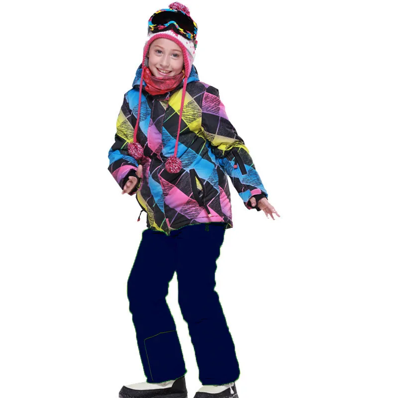 Зимний детский лыжный костюм с капюшоном; лыжная куртка для девочек+ зимние штаны; водонепроницаемый комплект одежды для сноуборда; теплый и ветрозащитный костюм - Цвет: Navy 3