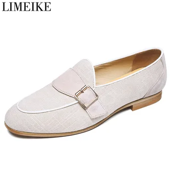 

LIMEIKE Summer New Mens Beige Casual Comfort Shoes Fashion Buckle Canvas Loafer Shoes Breathable Man Slip On Flats