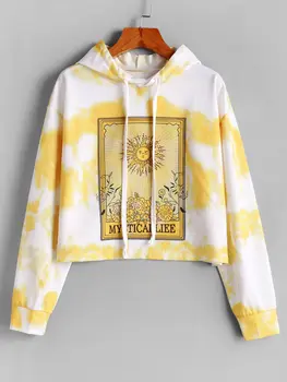

Zaful Printed Tie Dyeing Women Causal Sweatshirts Hooded Drop Shoulder Female Pullovers Drawstring Long Sleeves Cropped Hoodies