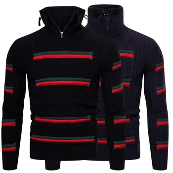 

Men Fashion Winter Soft High Quality Zipper Turtleneck Pullovers Striped Long Sleeve Sweater High Street Casual Pullover Jumper