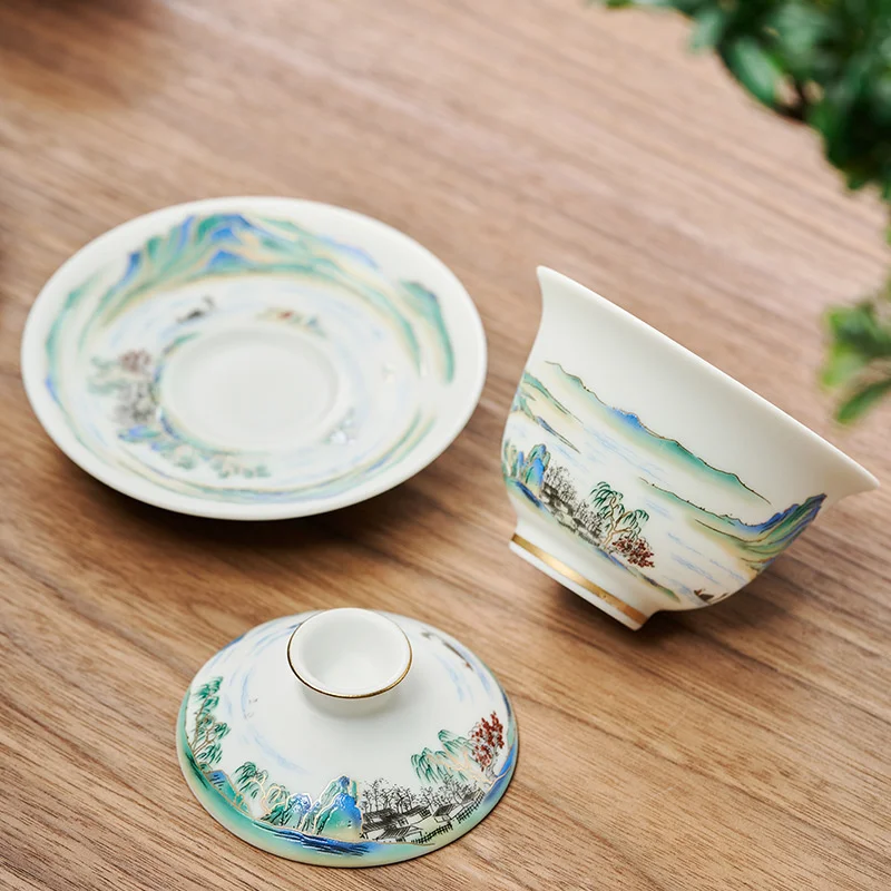 180ml Jingdezhen Landscape Ceramic Gaiwan Cup Hand-painted Tea Tureen Chinese Retro Tea Set Accessories Ceremony Drinkware