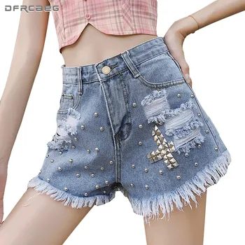 

Black Blue Vintage Women Jeans Shorts With Rivet 2020 Casual Hight Waists Retro Summer Ripped Denim Short Trousers Jeans Female