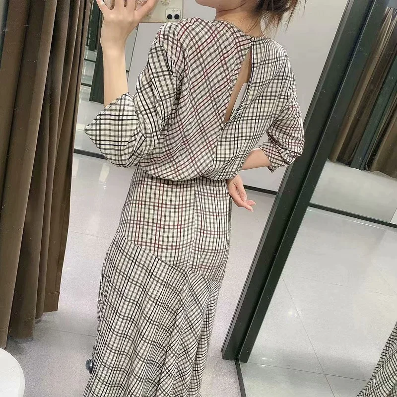 Za Summer Plaid Midi Dress Women O-neck Draped Dresses Long Sleeve Gathered Waist Lady Fashion Office Dress Back Buttons and Zip
