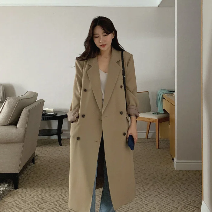 

2021 spring and autumn small suit coat women's medium and long Khaki coat loose and thin, casual and versatile chic fashion