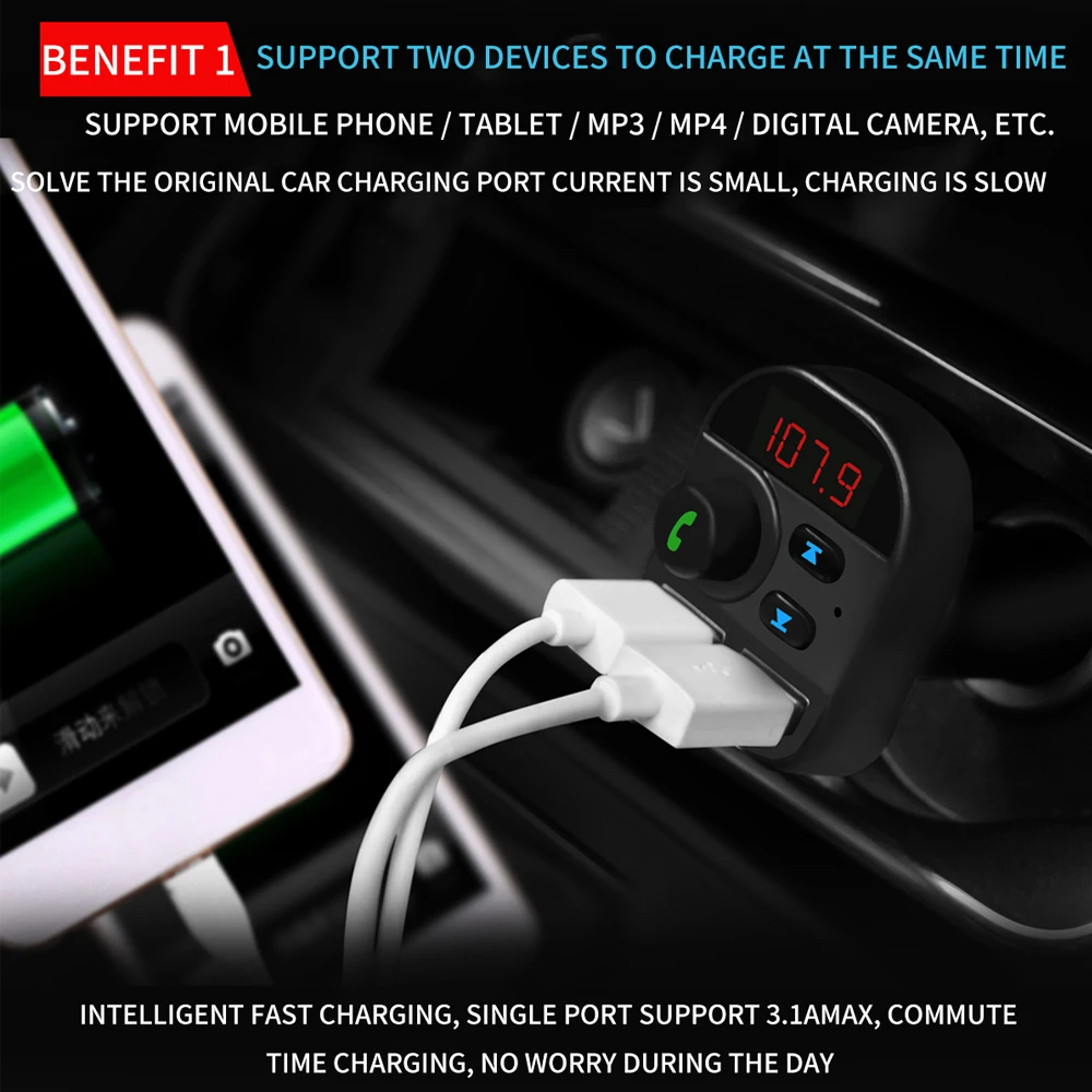 Car Handsfree Wireless Bluetooth Kit BT5.1 FM Transmitter LCD Car MP3 Player USB Charger FM Modulator U Disk Music Play