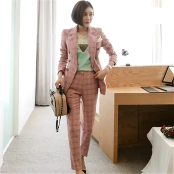 

Autumn Double Breasted Pink Plaid Suit Cloth Women OL Notched Blazer Coat Long Pant Two Pieces Female Office Sets