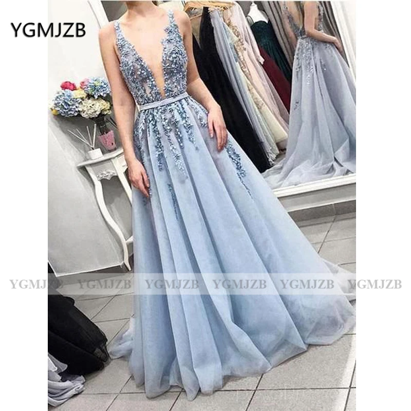 

Backless Sky Blue Long Prom Dress 2020 A-Line Deep V Neck Beading Lace Evening Gowns Women Formal Prom Gown Party Dress