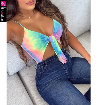 

Women Tie Dye Print V-neck Tie Front Bodysuit Sleeveless Sexy Rompers