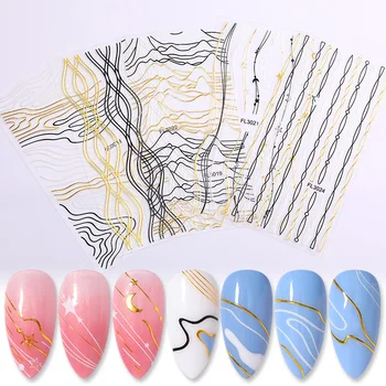 

3D Nail Art Stickers Gold Silver Curve Stripe Lines Sliders Geometric Patterns Design Adhesive Transfer Decals Nail Decorations