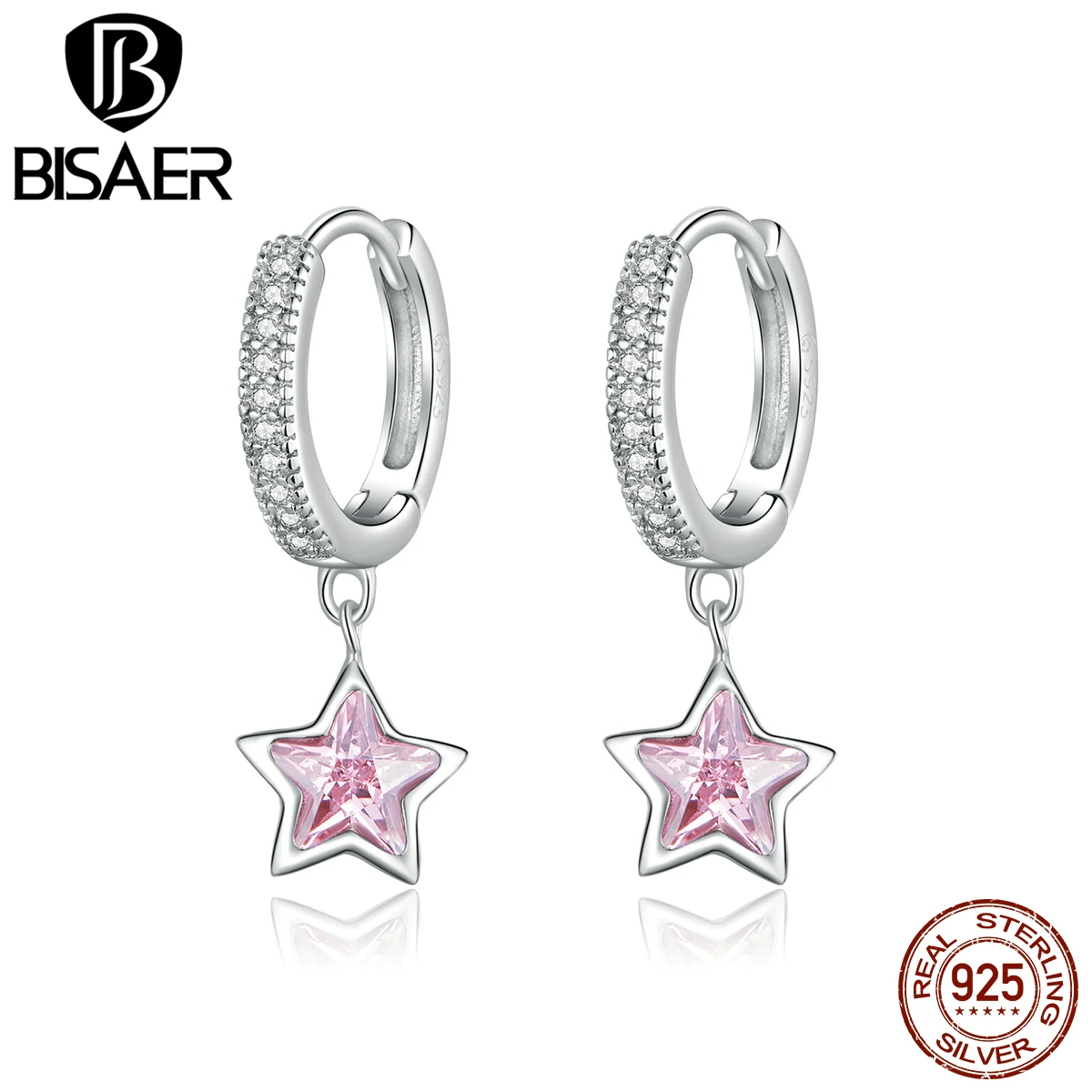 

BISAER Pink Star Earrings Real 925 Sterling Silver Five-Pointed Star Round Stud Earrings For Women Wedding Jewelry HVE414