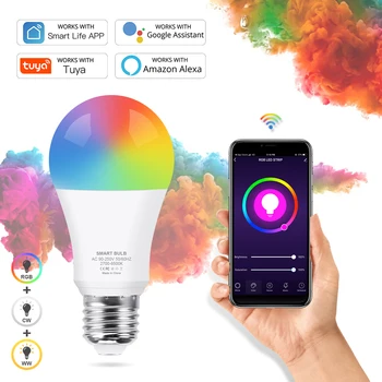 

Tuya WiFi Smart Light Bulb E27 LED Lamp RGB+White+Warm White Work with Alexa/Google Home Dimmable Timer Function RGB LED Bulb