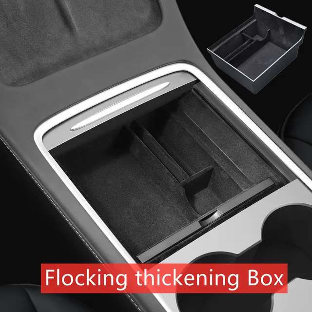 TEFUN For Tesla Model 3 Y 2021 2022 Storage Box Car Central Armrest Flocking/ABS Storage Box Organizer Model 3 2021 Accessories Flocking thickening