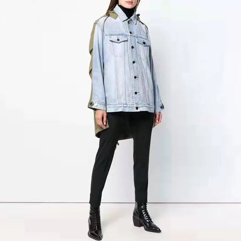 

LANMREM 2019 New Autumn And Winter Zippers Green Patchwork Washted Denim Vintage Hooded Coat Female Trench WJ50006M
