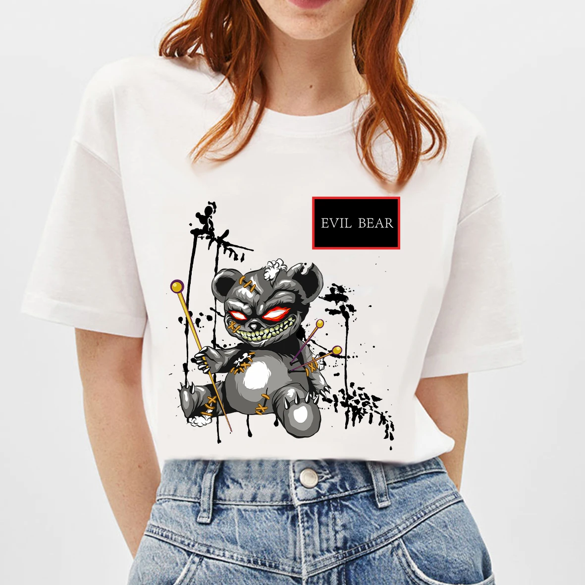 

BLINGPAW Graphic T Shirts Teddybear Evil Bear Letter Print T-shirt White Cotton Unisex Tees Summer Tee Shirts