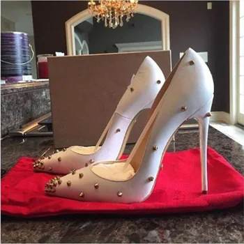 

White Matte Leather Full Spikes Heels Shoes 8 10 12cm Stiletto Heels Rivets Women Pumps Pointed Toe Shallow Dress Shoes Big Size