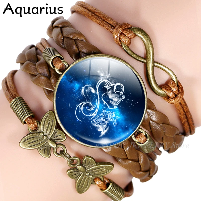 Aquarius 12 созвездий, винтажный браслет, знаки зодиака, кожаные браслеты, подарок на день рождения унисекс, Прямая поставка - Окраска металла: Aquarius