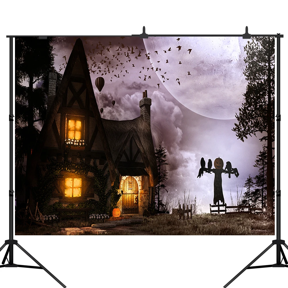 Lyavshi Halloween Photography Backdrop Scarecrow crow moon Pumpkin House Bats Background Photo Booth Props Backgrounds | Электроника