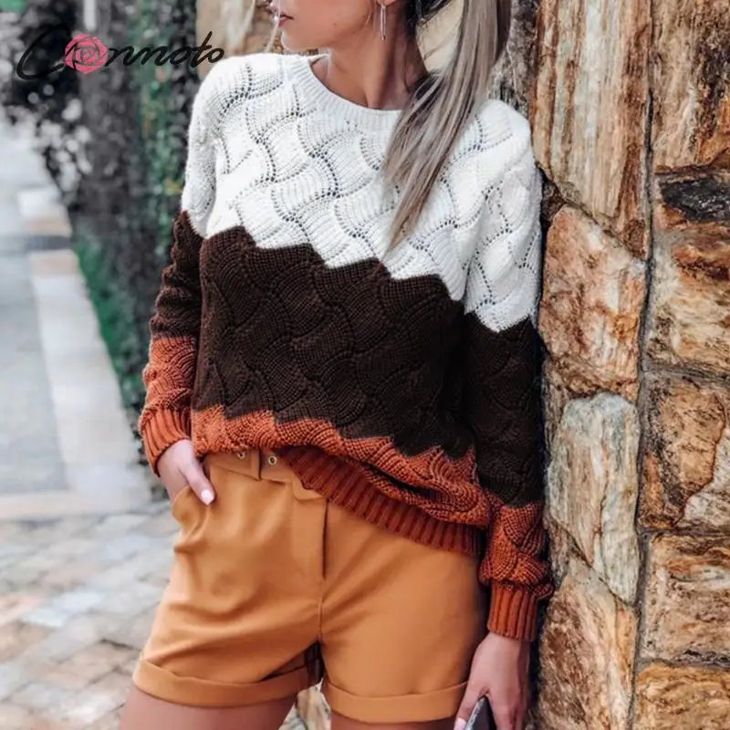 Conmoto повседневная женская зимняя одежда Джемперы модный цветной блок пуловер с длинными рукавами женский осенний свитер женские вязаные топы